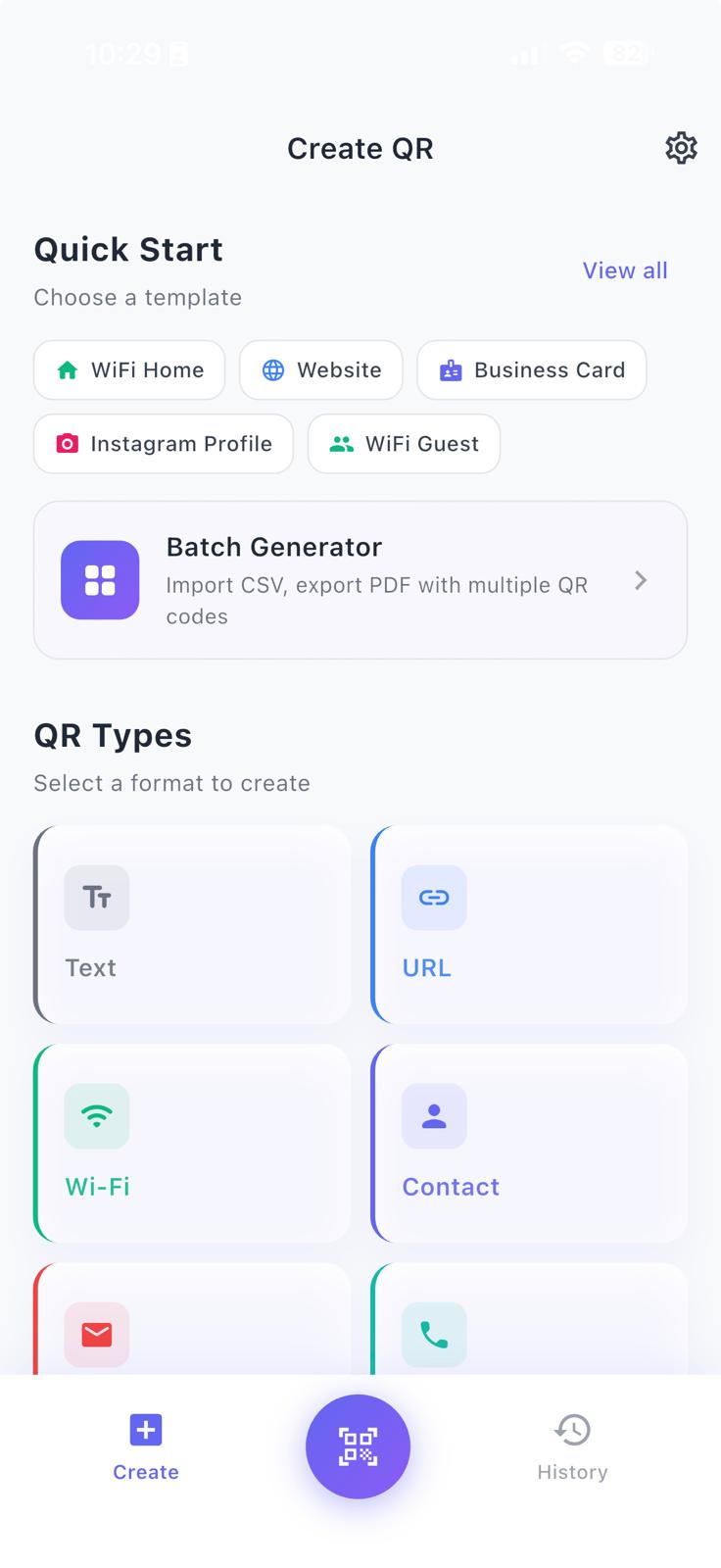 QrOvio main interface showing QR code scanner with clean, minimal design and instant scan results